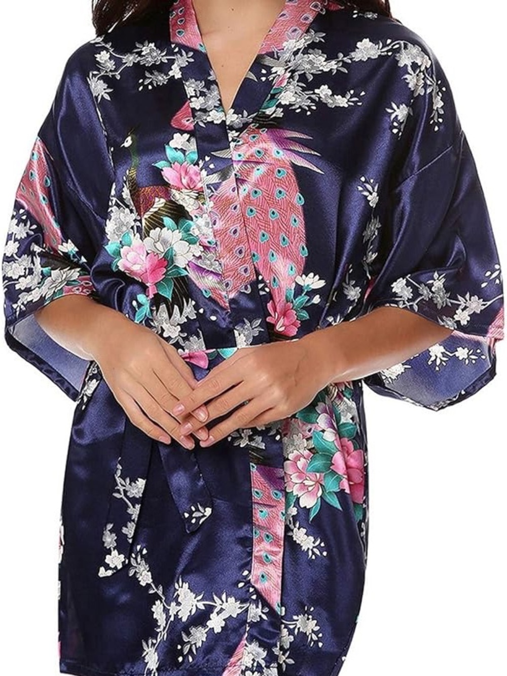 Elegant Satin Floral Peacock Kimono Lounge Robe - Navy & Pink Size Medium